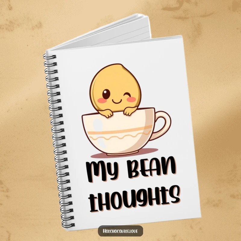 Funny notebook with a cute coffee bean character peeking over a cup, perfect for jotting down notes and ideas.