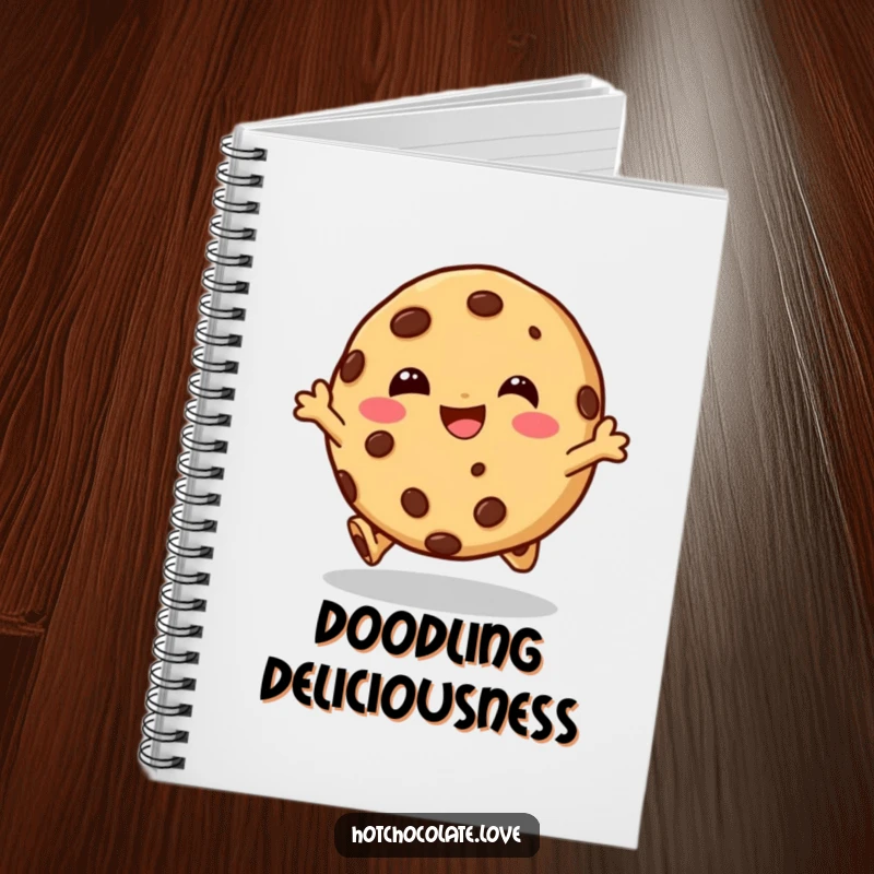 Funny notebook with a laughing chocolate chip cookie character in mid-hop, perfect for notes, journaling, and creative brainstorming.