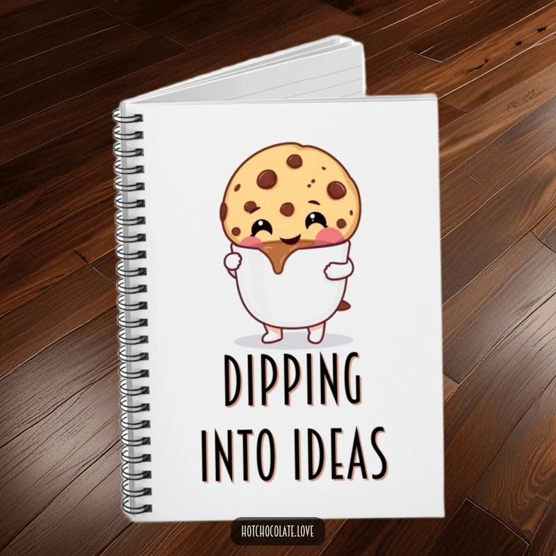 Funny Cookie Notebook: A cheerful chocolate chip cookie dipping into hot chocolate, perfect for jotting down sweet ideas.