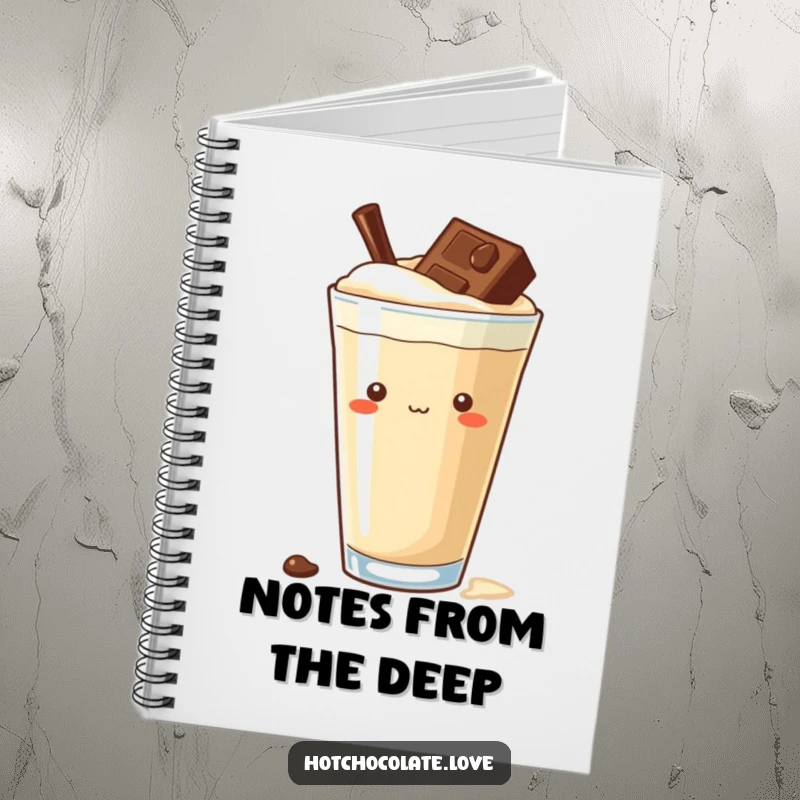 Funny curious chocolate chip notebook, peeking from a rich drink, perfect for jotting down intriguing ideas with playful charm.