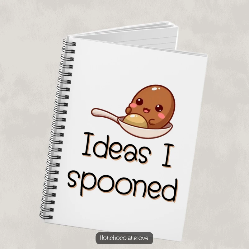 Funny cocoa bean giggling on a spoon, inspiring creativity and humor in this charming notebook.