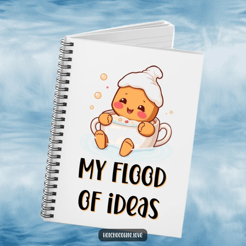 Funny notebook with a delighted gingerbread person swimming in a hot chocolate mug, perfect for jotting down notes with a sweet smile.