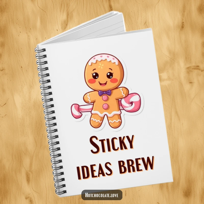 Funny gingerbread man on a peppermint stick gracing the cover of a notebook, ideal for writing.