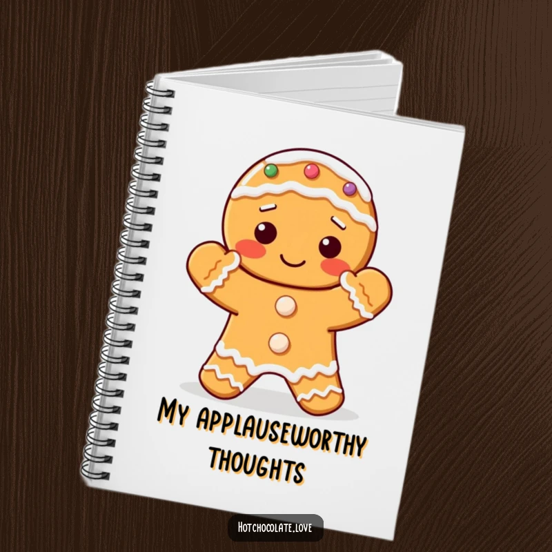 Funny notebook cover featuring a delightful gingerbread cookie with frosted hands clapping.