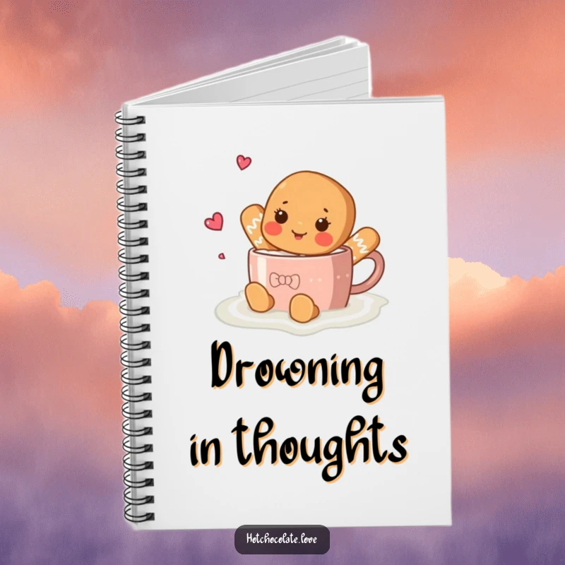 Funny gingerbread person swimming in hot chocolate on the cover of a delightful, funny notebook.