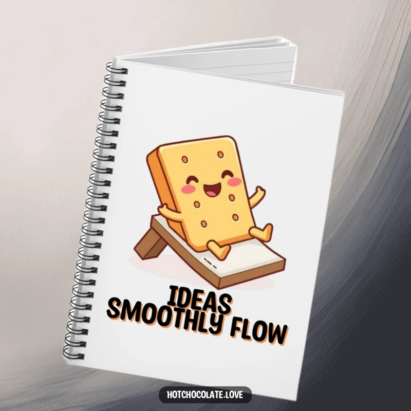Funny Notebook with a jolly graham cracker sliding on the cover, inspiring happy notes and sweet ideas.