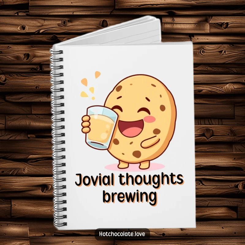 Funny happy cookie notebook, depicted mid-jovial sip, perfect for jotting down cheerful thoughts with a touch of happiness.