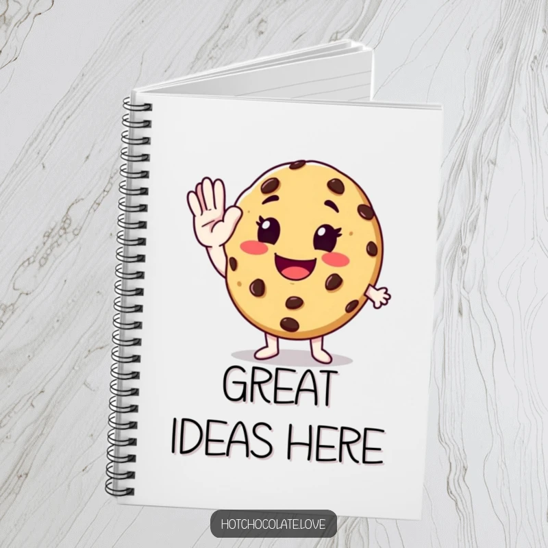 Funny chocolate chip cookie giving an enthusiastic high-five on a notebook cover, encouraging positive and fun note-taking.