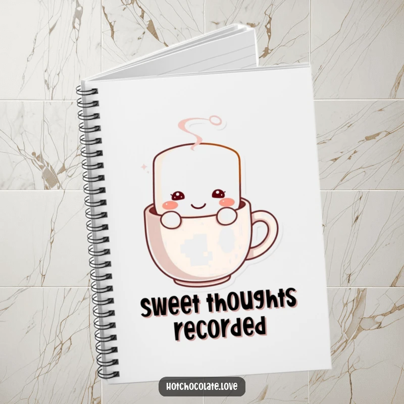 Funny Marshmallow Notebook: A cheerful marshmallow smiling from a steaming mug, perfect for jotting down sweet ideas.