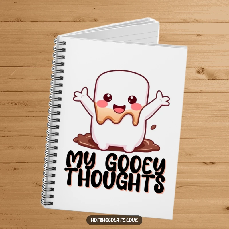 Funny Notebook cover with a happy marshmallow, arms outstretched, sinking into chocolate, ideal for notes, journaling, or doodling.