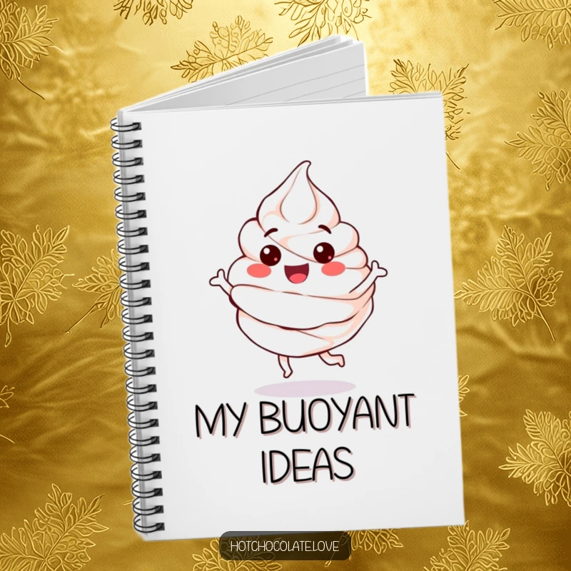 Funny Notebook with a happy, anthropomorphic whipped cream dollop performing a playful bounce, ideal for notes and creative writing.
