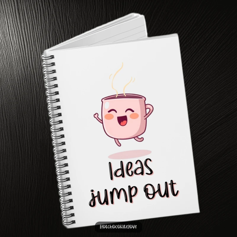 Funny notebook cover art of a happy steaming mug in a cheerful joyful jump, inspiring creativity, perfect funny gift.