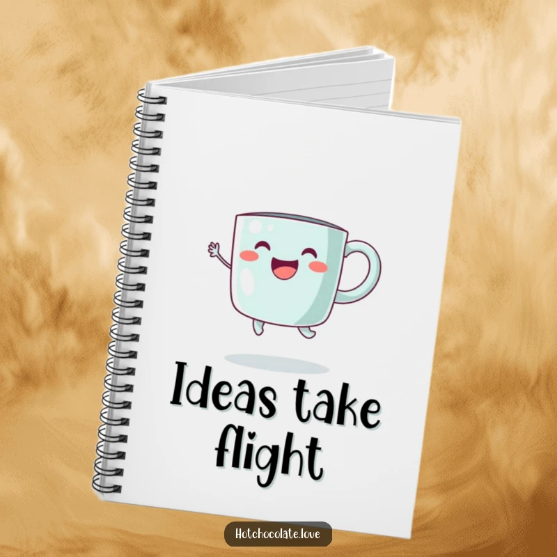 Funny Notebook featuring a happy steaming mug in a joyful jump, ideal for recording energetic thoughts and bright ideas.