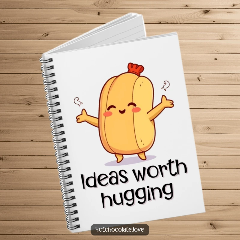 Funny notebook featuring a smiling hot dog bun offering a steamy hug, perfect for jotting down warm ideas.