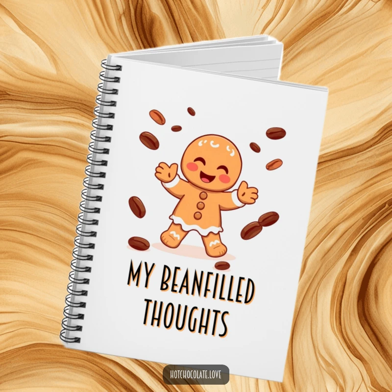 Funny notebook cover of a happy gingerbread man character juggling cocoa beans with glee, ready for your notes.