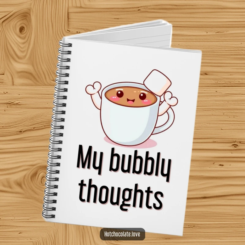 Funny notebook cover featuring a smiling hot chocolate mug with marshmallow arms waving hello.