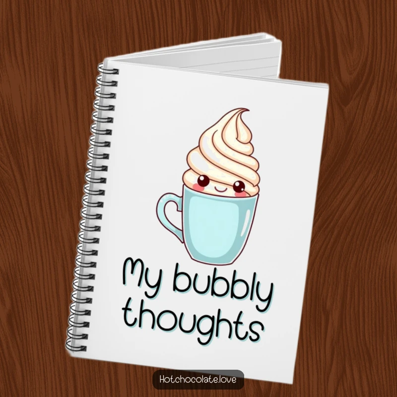 Funny whipped cream character popping out of a mug, illustrated in a notebook for jotting down sweet ideas.