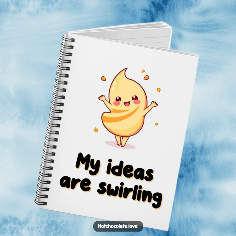 Funny playful caramel swirl notebook, depicted mid-dance, perfect for jotting down sweet thoughts with playful charm.