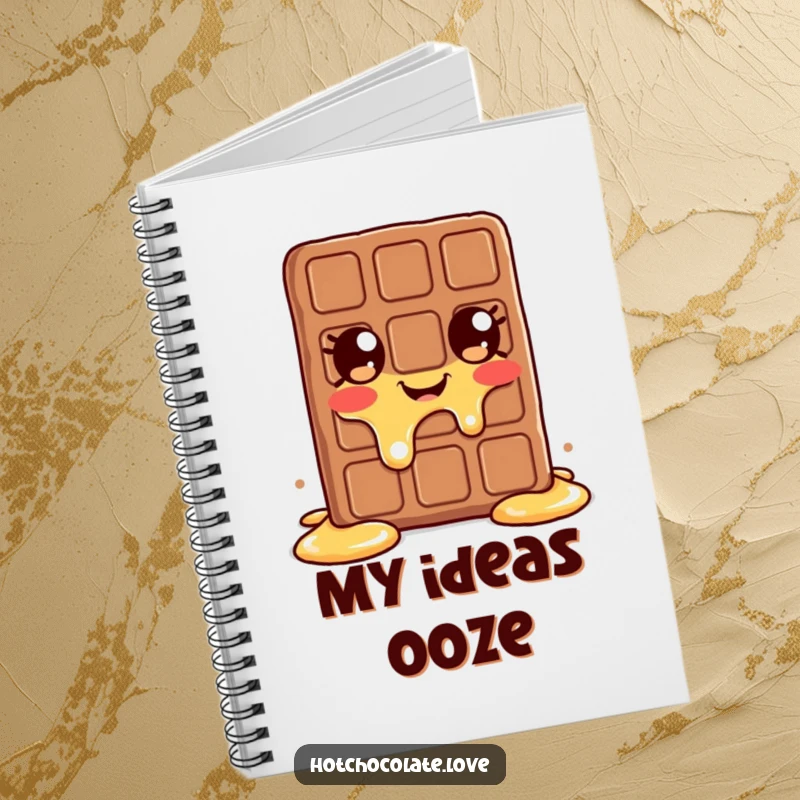 Funny melting chocolate bar notebook featuring a happy, melting chocolate character, perfect for creative writing.