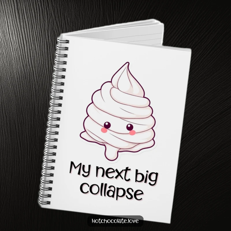 Funny whipped cream dollop mid-roll on a notebook cover, inspiring creative and humorous writing.