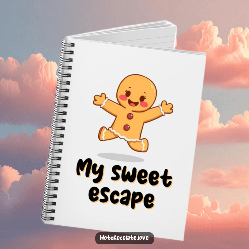 Funny gingerbread person skipping with glee, a lined notebook with a cheerful and humorous cover.