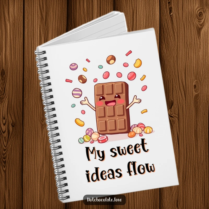 Funny notebook cover featuring a joyful chocolate bar juggling tiny candies, inspiring creativity with its sweet humor, perfect funny gift.