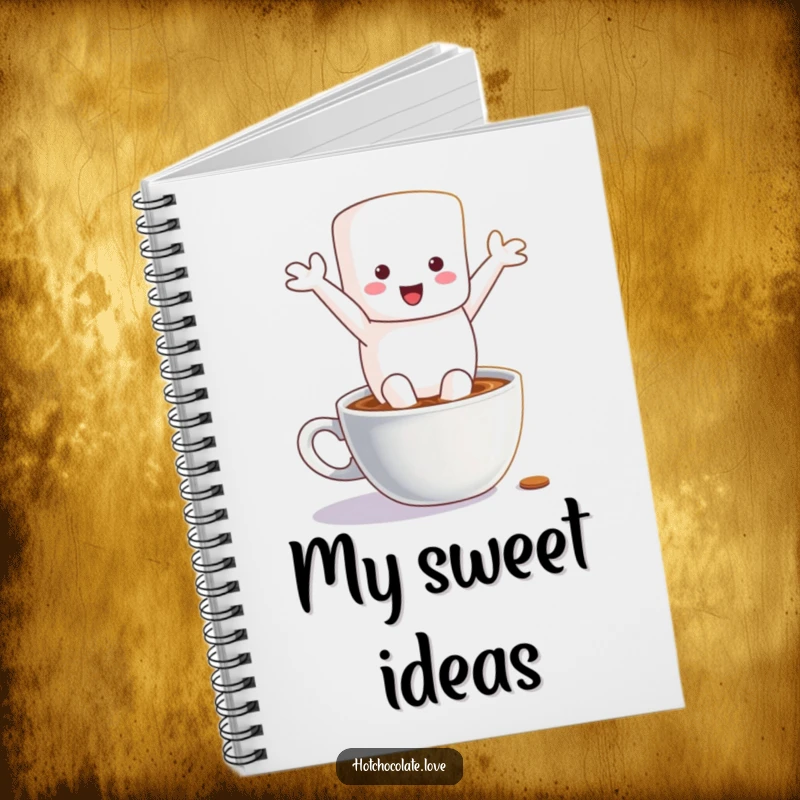 Funny notebook with a cheerful marshmallow character leaping into a hot chocolate mug, perfect for jotting down notes with a smile.