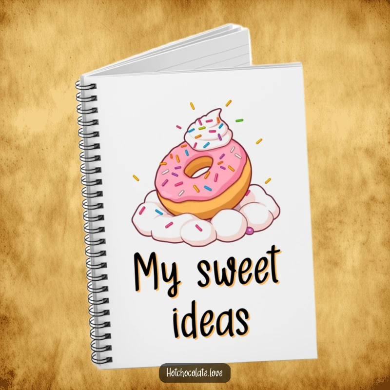 Funny notebook cover featuring a playful donut with sprinkles frolicking in whipped cream.