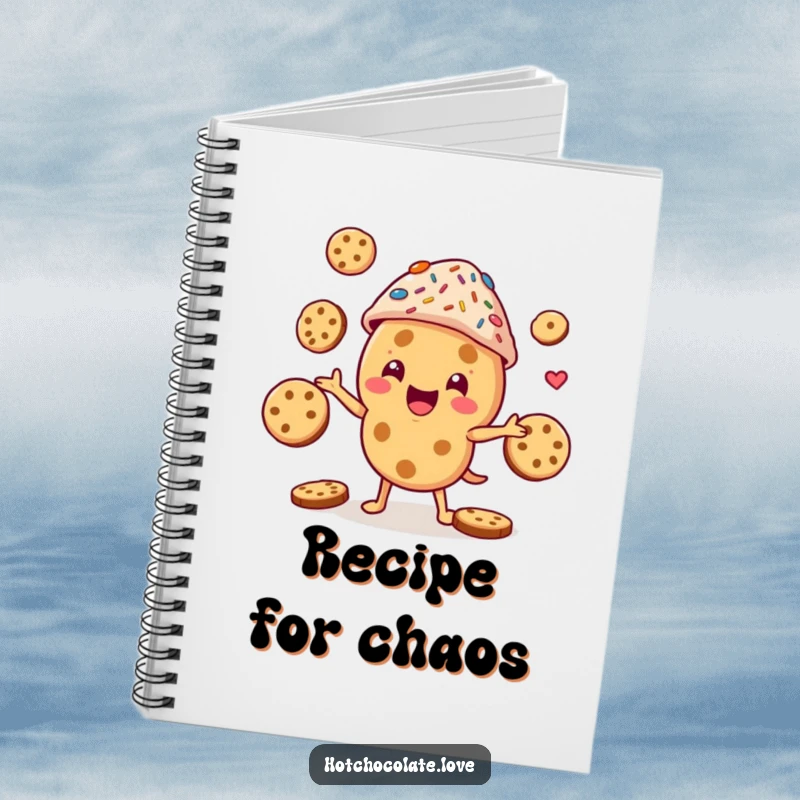 Funny cookie character wearing a sprinkle hat, juggling cookies, a lined notebook with a humorous cover.