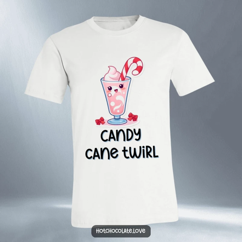 Funny t-shirt showcasing a joyful candy cane icon performing a delightful swirl in a holiday beverage, radiating festive fun.