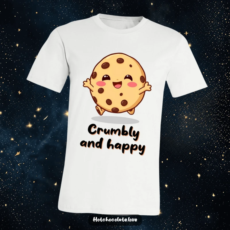 Funny t-shirt featuring a laughing chocolate chip cookie character in mid-hop, perfect for casual fun and gift-giving.