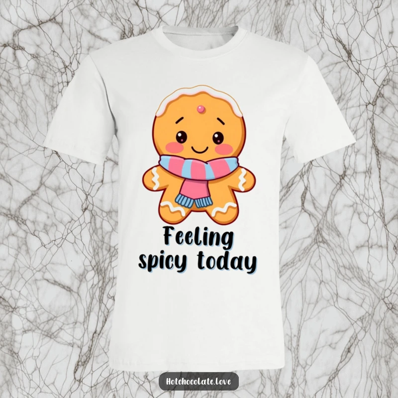 Funny Gingerbread Cookie T-Shirt featuring a delighted cookie wearing a tiny scarf, showcasing festive humor.
