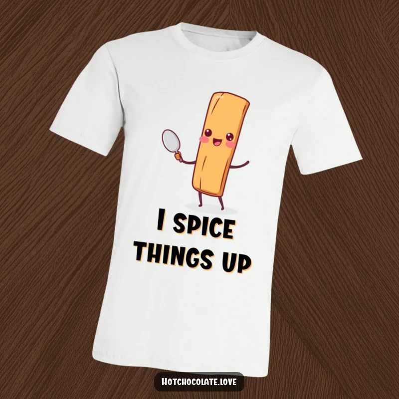 Funny Cinnamon Stick Spoon T-Shirt: A cheerful cinnamon stick character joyfully holds a miniature spoon, ready for a tiny stir.