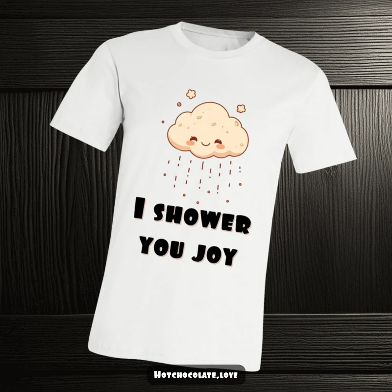 Funny T-shirt showcasing a happy cocoa powder cloud raining chocolatey goodness, perfect for adding a touch of sweet humor.