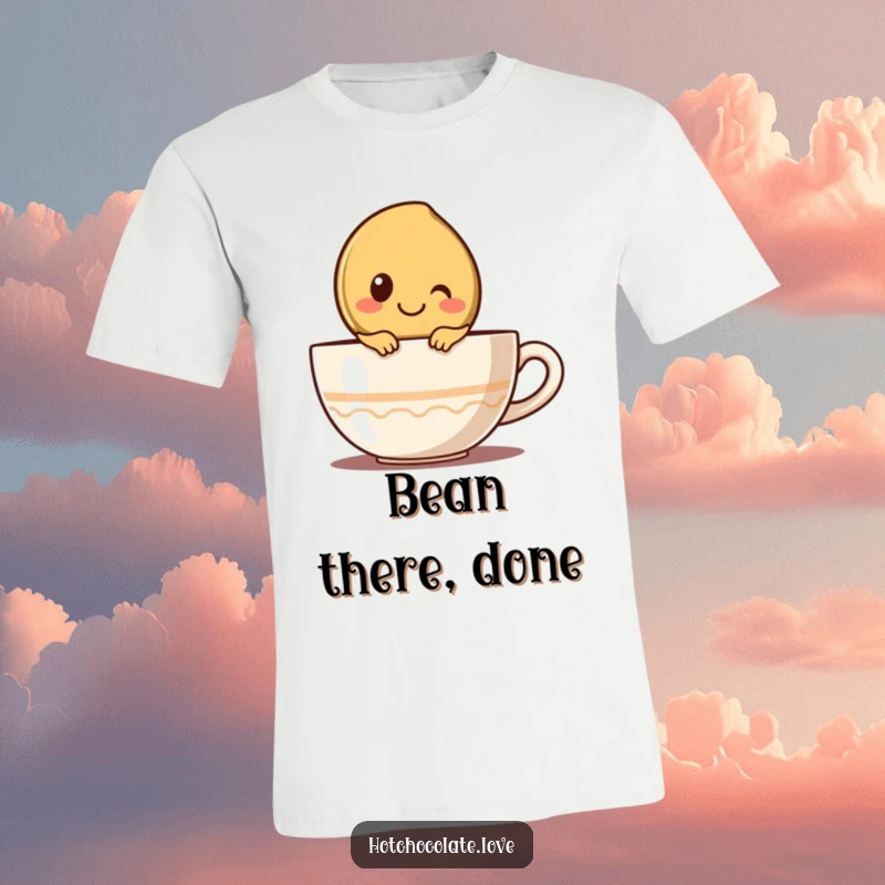 Funny t-shirt showcasing a smiling coffee bean character peeking adorably over a cup rim, celebrating the joy of coffee.