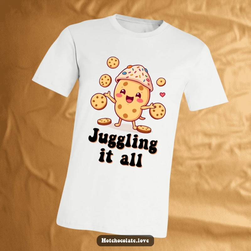Funny cookie character in a sprinkle hat, skillfully juggling cookies, a vibrant and humorous t-shirt graphic.