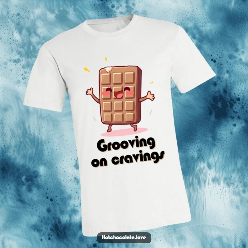 Funny Chocolate Bar T-Shirt featuring an enthusiastic chocolate bar doing a lively dance, full of sweet energy.