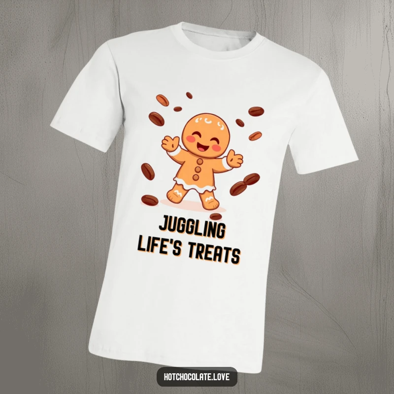 Funny t-shirt with a happy gingerbread man character juggling cocoa beans with glee, perfect for spreading holiday cheer.