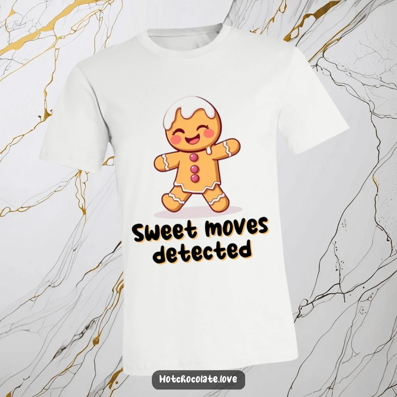 Funny Gingerbread Man T-Shirt showing a winking character doing a playful dance with delightfully dripping icing.