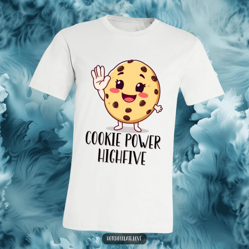 Funny chocolate chip cookie giving an enthusiastic high-five on a comfortable and humorous t-shirt.
