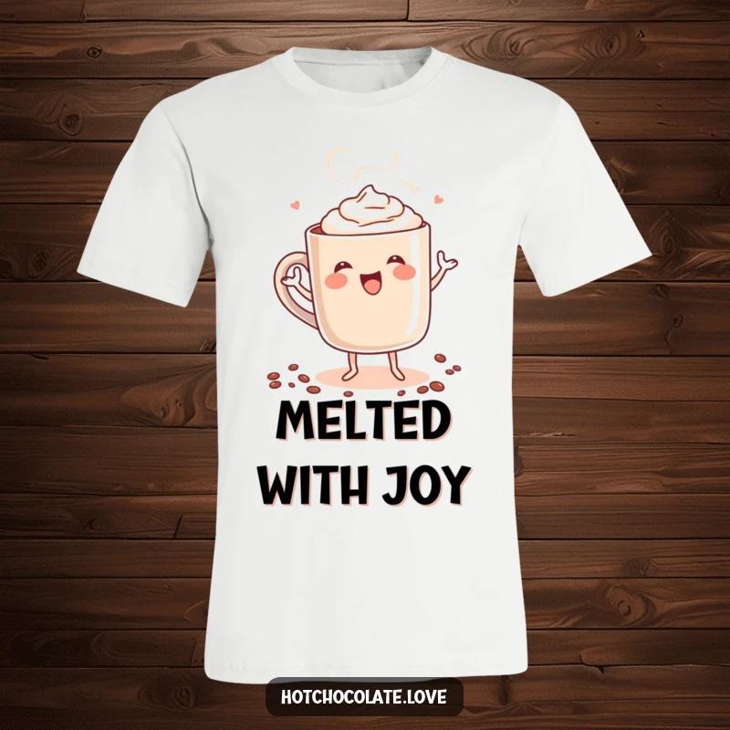 Funny t-shirt featuring a steaming mug of hot chocolate personified, caught in a joyful dance, radiating warmth and happiness.
