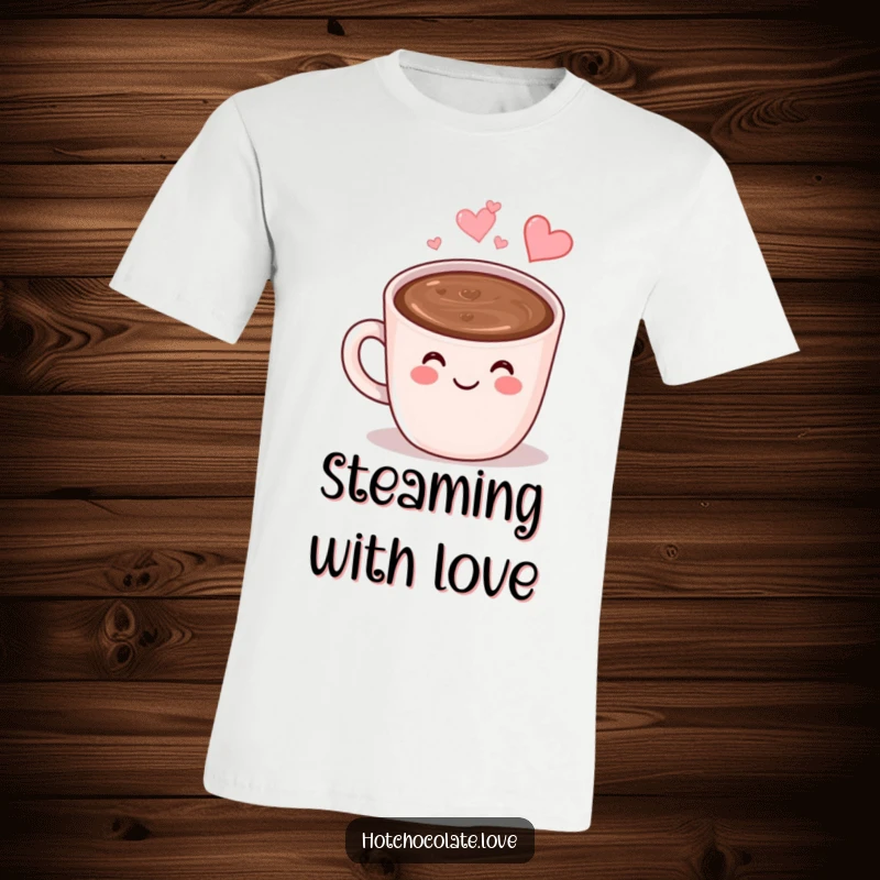 Funny Hot Chocolate T-Shirt: A smiling anthropomorphic mug of hot chocolate with heart-shaped steam, perfect for spreading warmth and cheer.