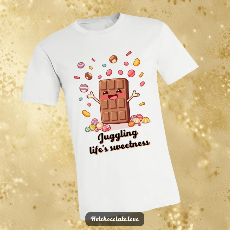 Funny t-shirt print of a joyful chocolate bar juggling tiny candies, showcasing skill and humor, great funny gift.