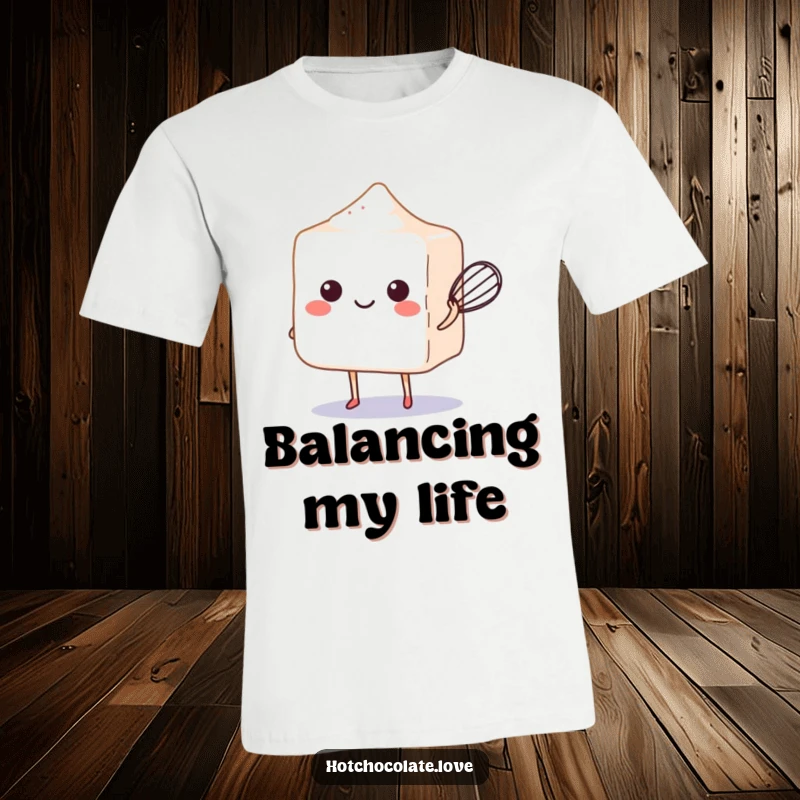 Funny sugar cube with a happy smile, balancing a small whisk on a comfortable t-shirt.