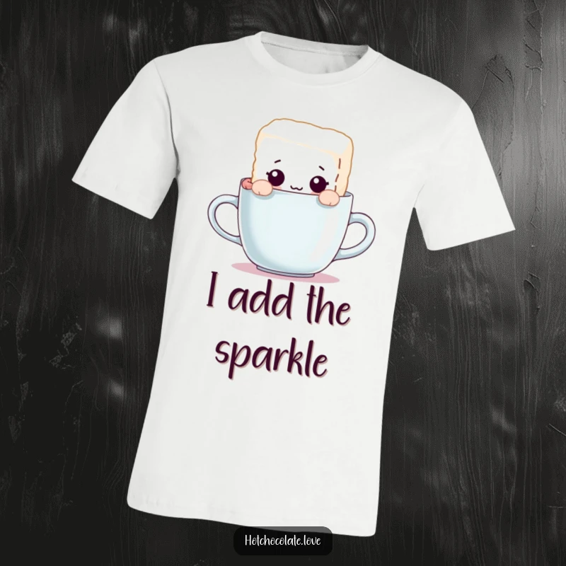 Funny t-shirt with a curious sugar cube character peeking over a mug's edge, showcasing a playful and inquisitive personality.