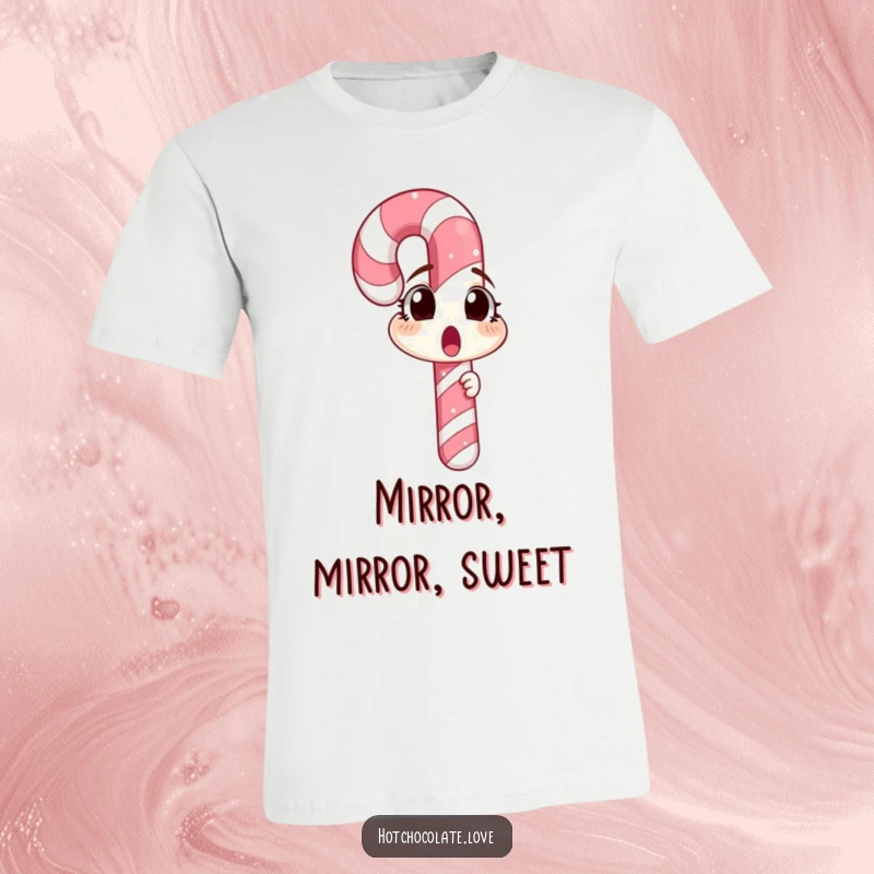Funny candy cane character caught in a moment of surprise while looking at its own reflection, on a t-shirt.