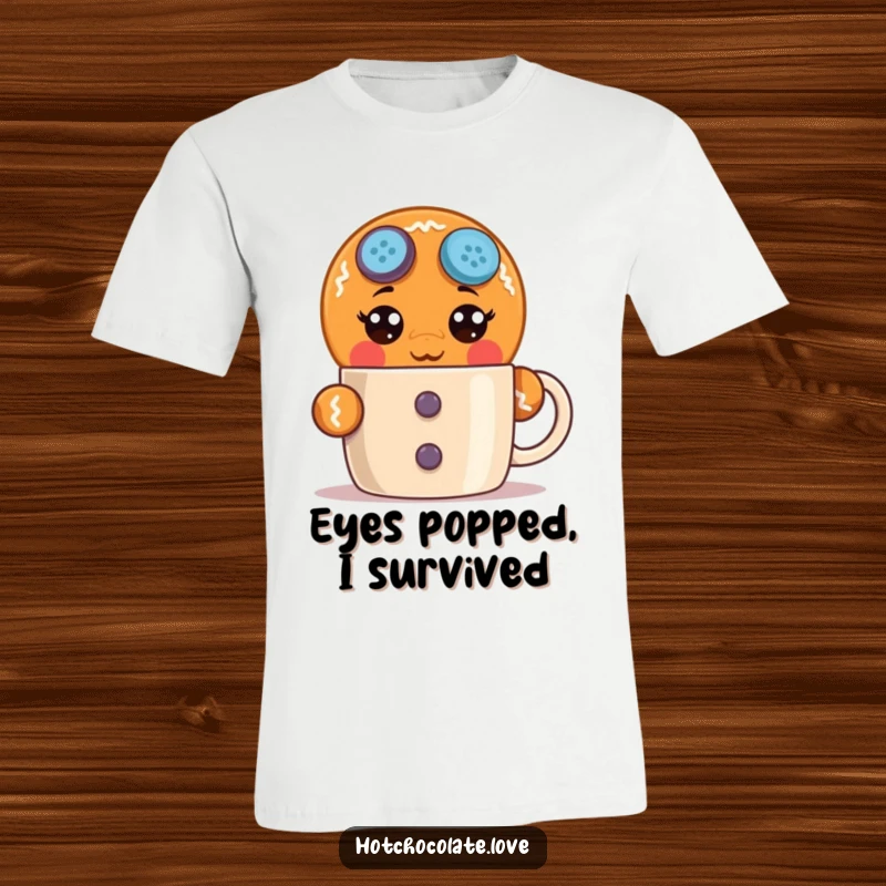 Funny surprised gingerbread man t-shirt featuring wide-eyed shock, perfect for humorous holiday or everyday wear that expresses festive surprise.