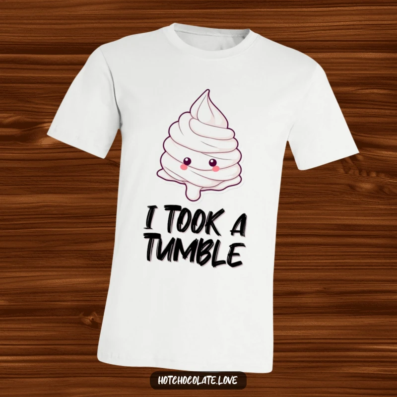 Funny whipped cream dollop in mid-roll down a hill, expressing pure delight on a comfortable t-shirt.