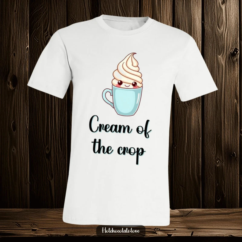 Funny whipped cream character playfully popping out of a mug, featured on a humorous and comfortable t-shirt.