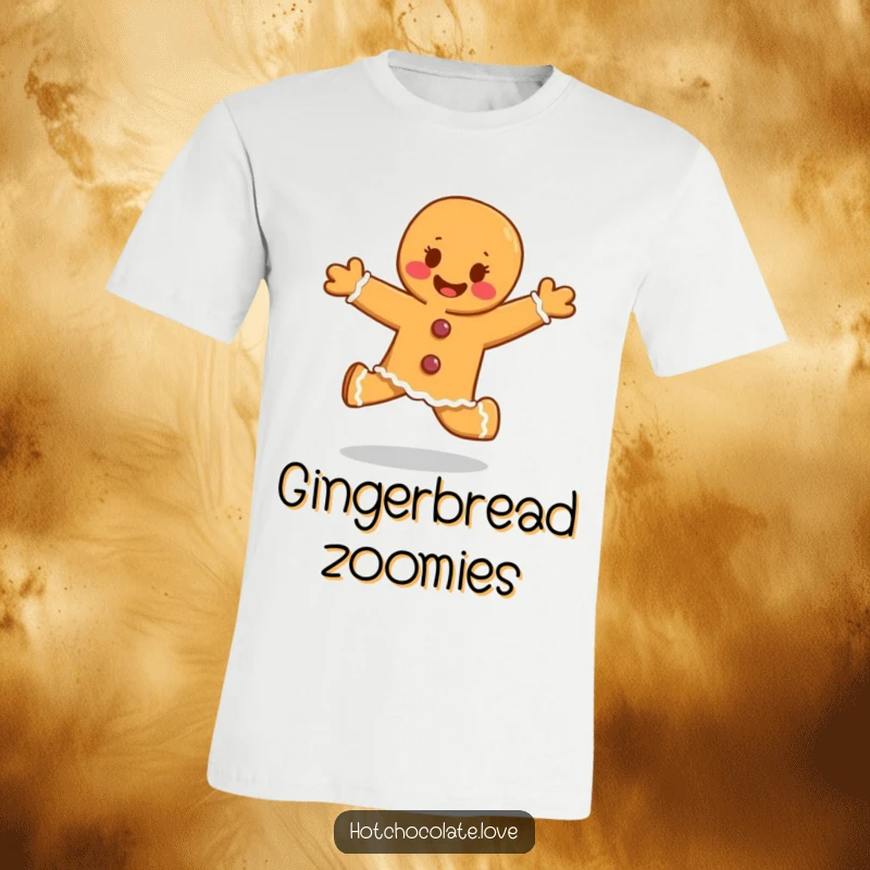 Funny gingerbread person captured mid-skip with infectious glee, a vibrant and humorous t-shirt.